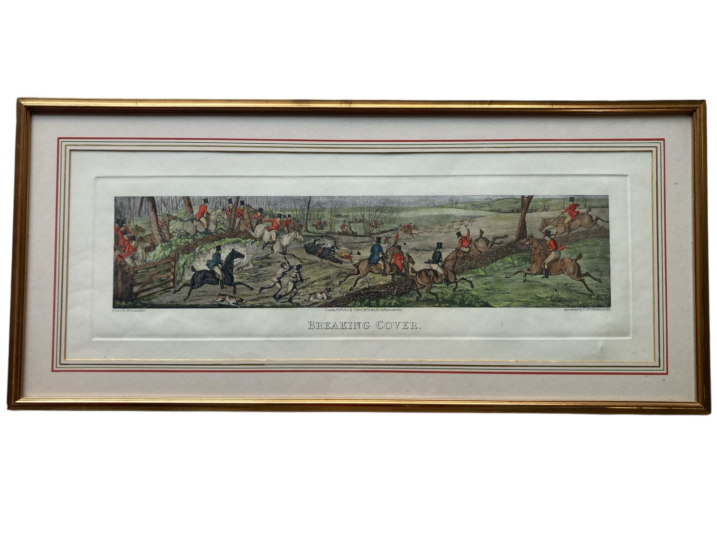 Framed print titled"Breaking Cover" a well-known fox hunting scene originally designed by the British artist Henry Thomas Alken.