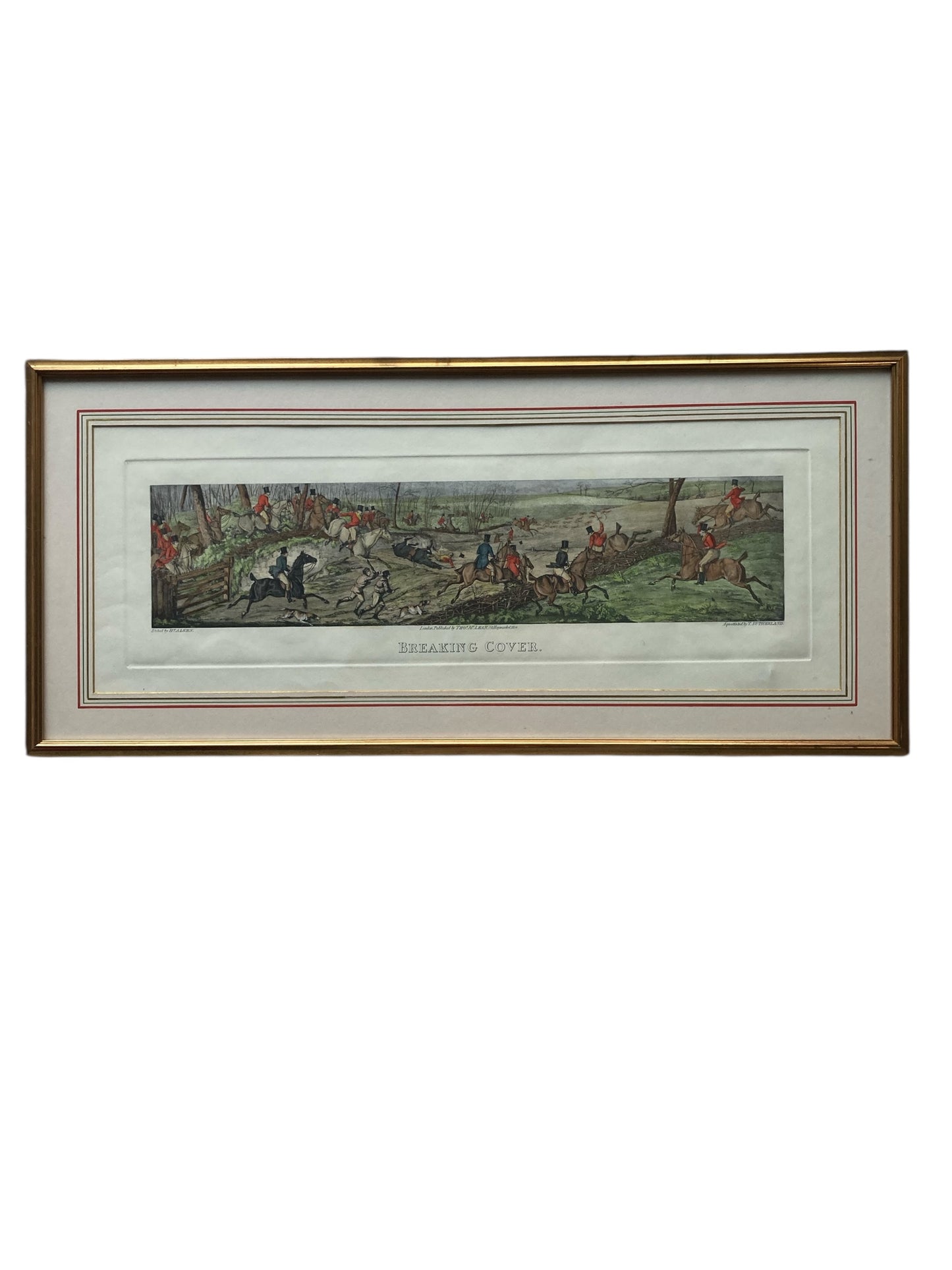 Framed print titled"Breaking Cover" a well-known fox hunting scene originally designed by the British artist Henry Thomas Alken.