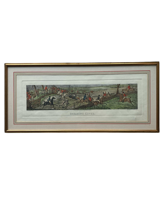 Framed print titled"Breaking Cover" a well-known fox hunting scene originally designed by the British artist Henry Thomas Alken.