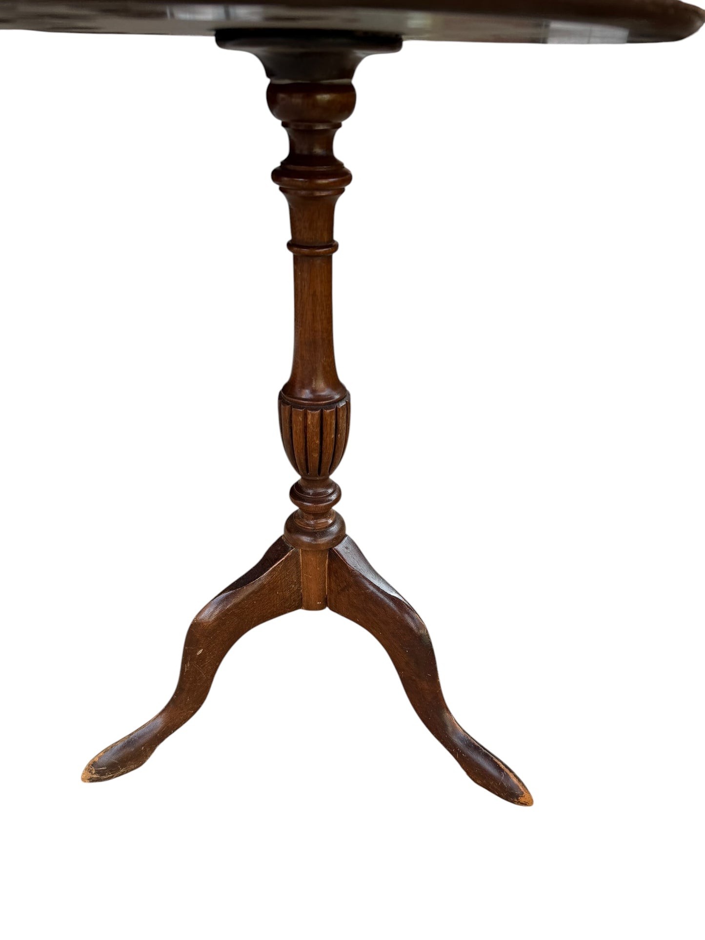 Antique-style tripod pedestal wine table featuring a circular top with a distinctive red leather inset.