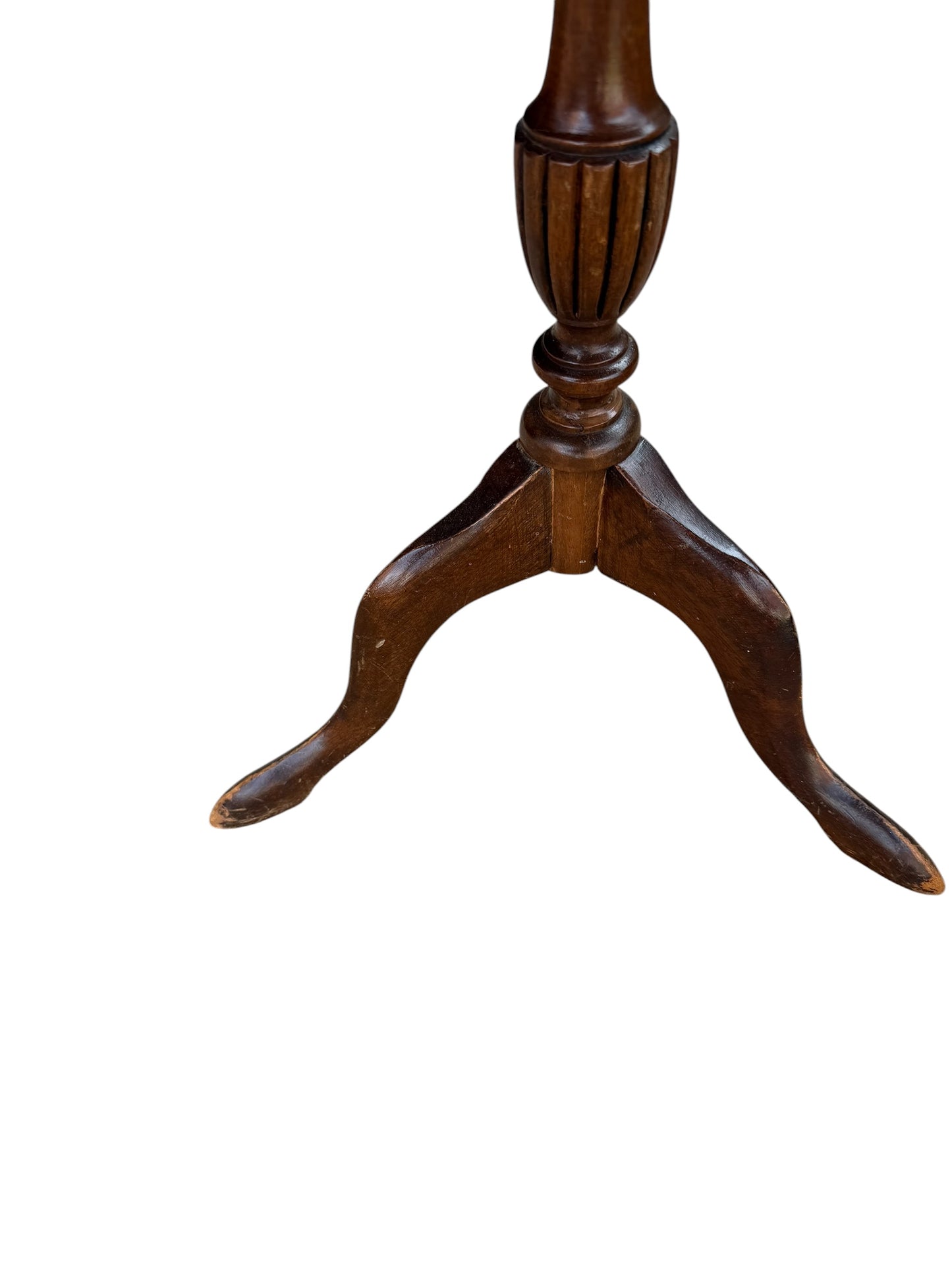 Antique-style tripod pedestal wine table featuring a circular top with a distinctive red leather inset.