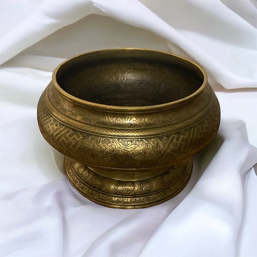 Antique ornate Asian chased pedestal brass bowl