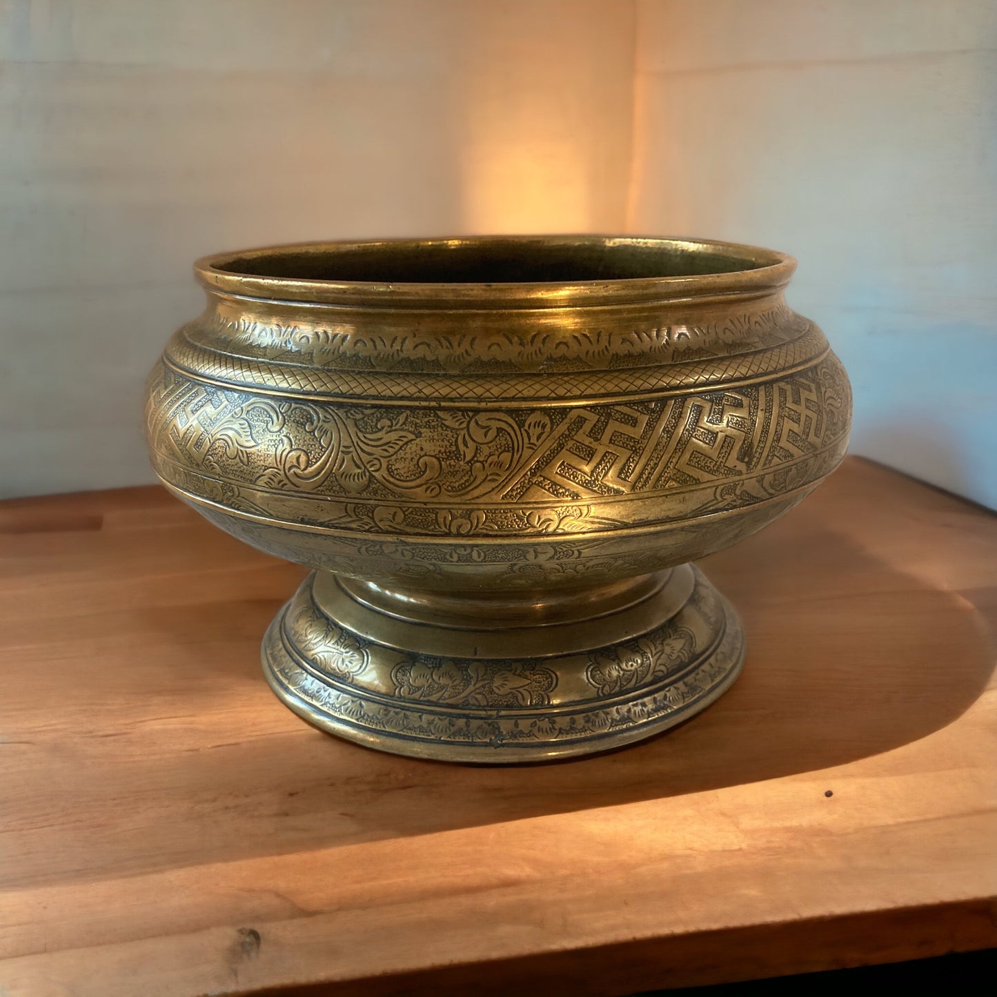 Antique ornate Asian chased pedestal brass bowl