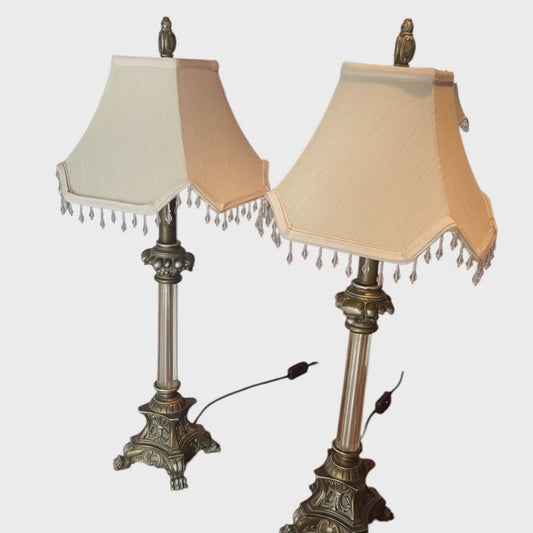 Pair of Regency Style table lamps neoclassical bases Paw Feet cream fabric shades with beaded fringe